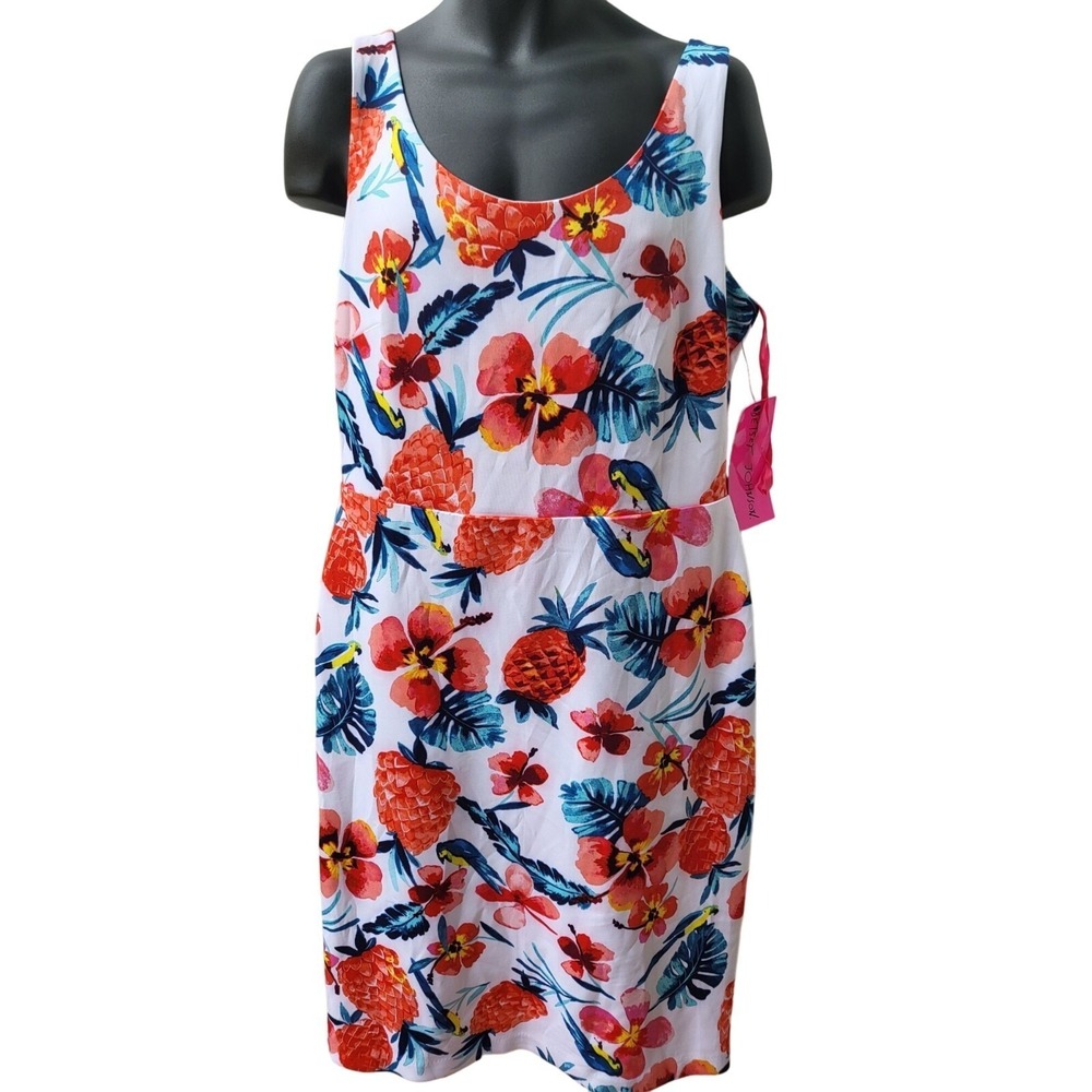NWT Betsey Johnson Ivory Multi Bodycon Dress Womens Sz 16 Cap Sleeve Ruffled New
